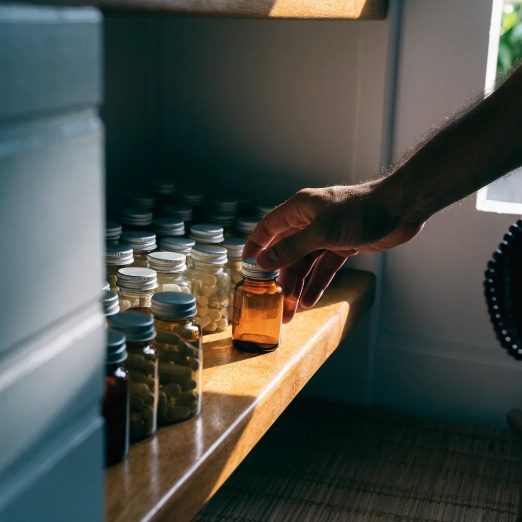 A wide household shelf of unlabelled supplement bottles arranged in rows under warm and cool light