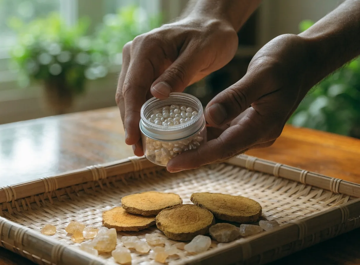 Hands turning an unlabelled bottle on a pale laminate counter beside a dish of mineral chips