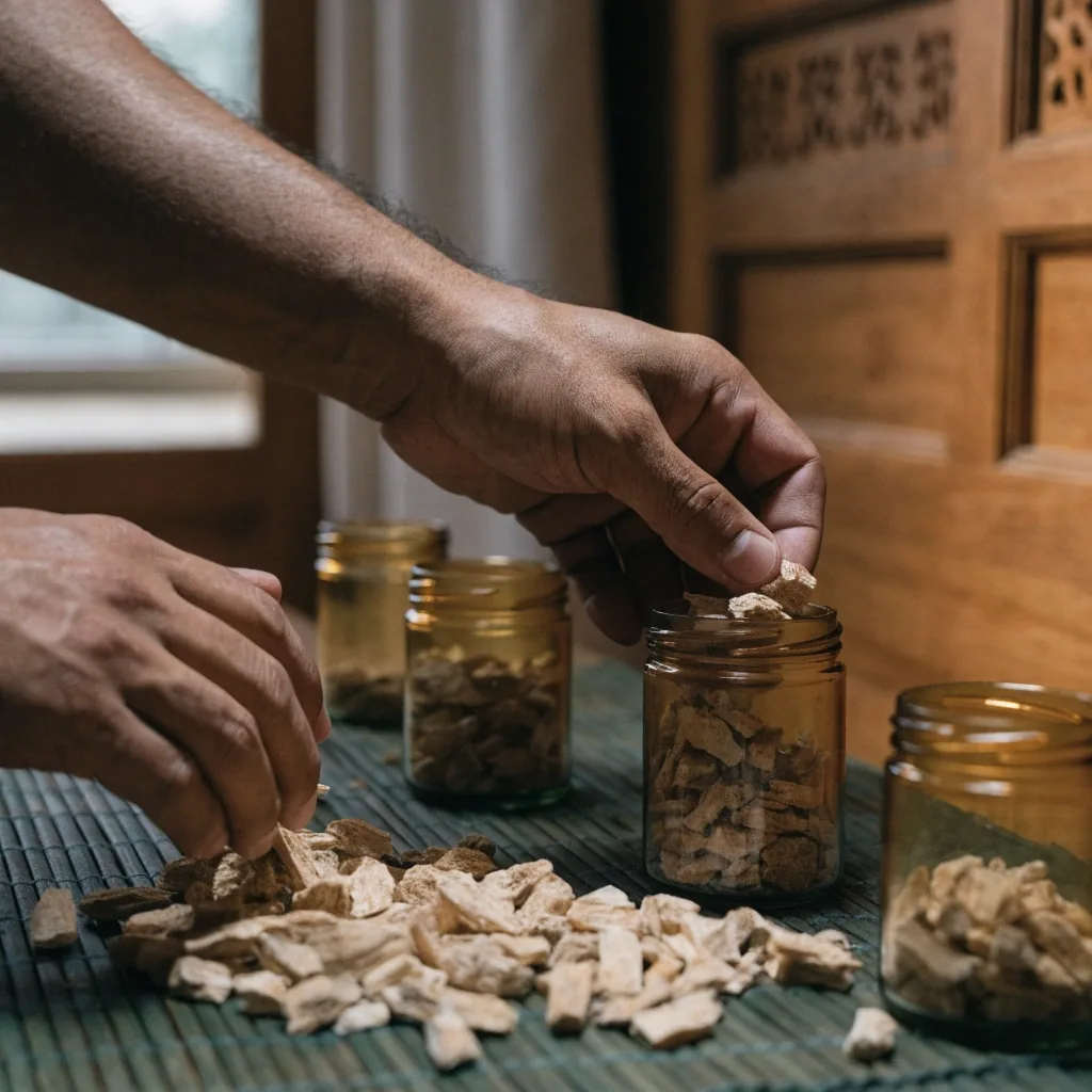 Pale dried maca root pieces arranged loosely on a pale laminate surface