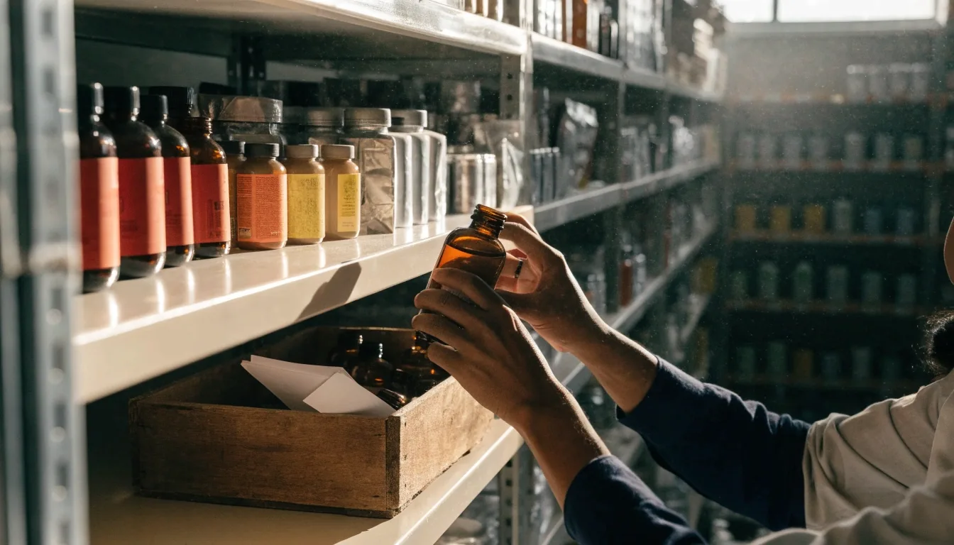 Rows of unlabelled amber and pearl jars on laminate shelving in a Yogyakarta supply shop