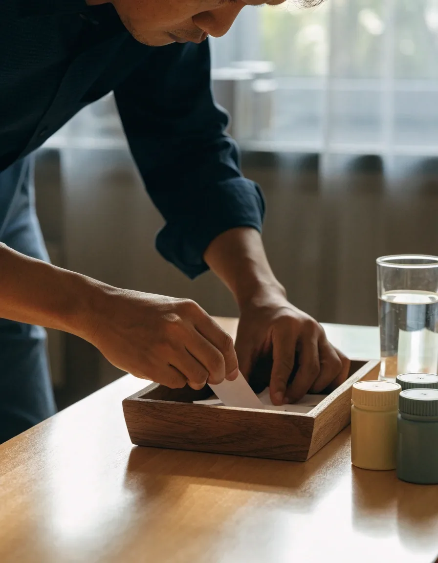 Hands sorting plain paper slips on a desk beside an open folder of unlabelled supplement bottles