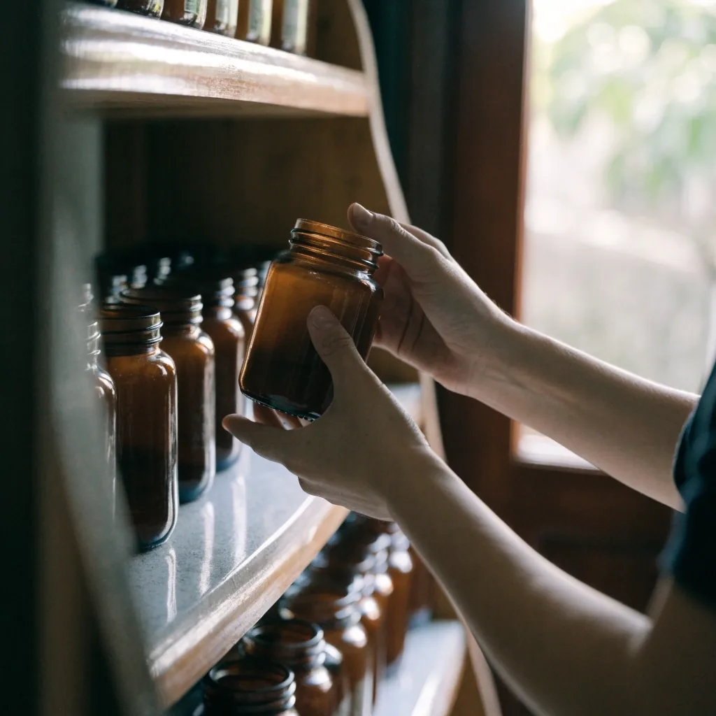 Rows of unbranded amber and pearl glass jars on plain pharmacy shelves under late-afternoon window light