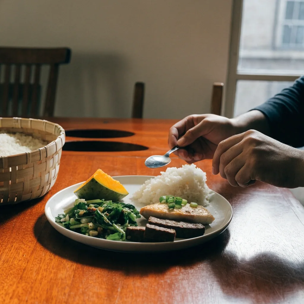 Everyday Indonesian meal of rice, greens, fish, tempeh and fruit on a woven mat