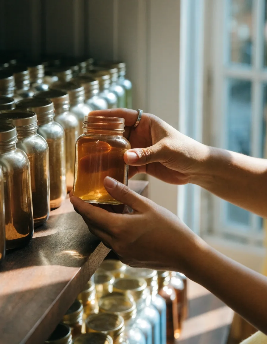 Half-open display drawer holding rows of unlabelled jars on a laminate liner