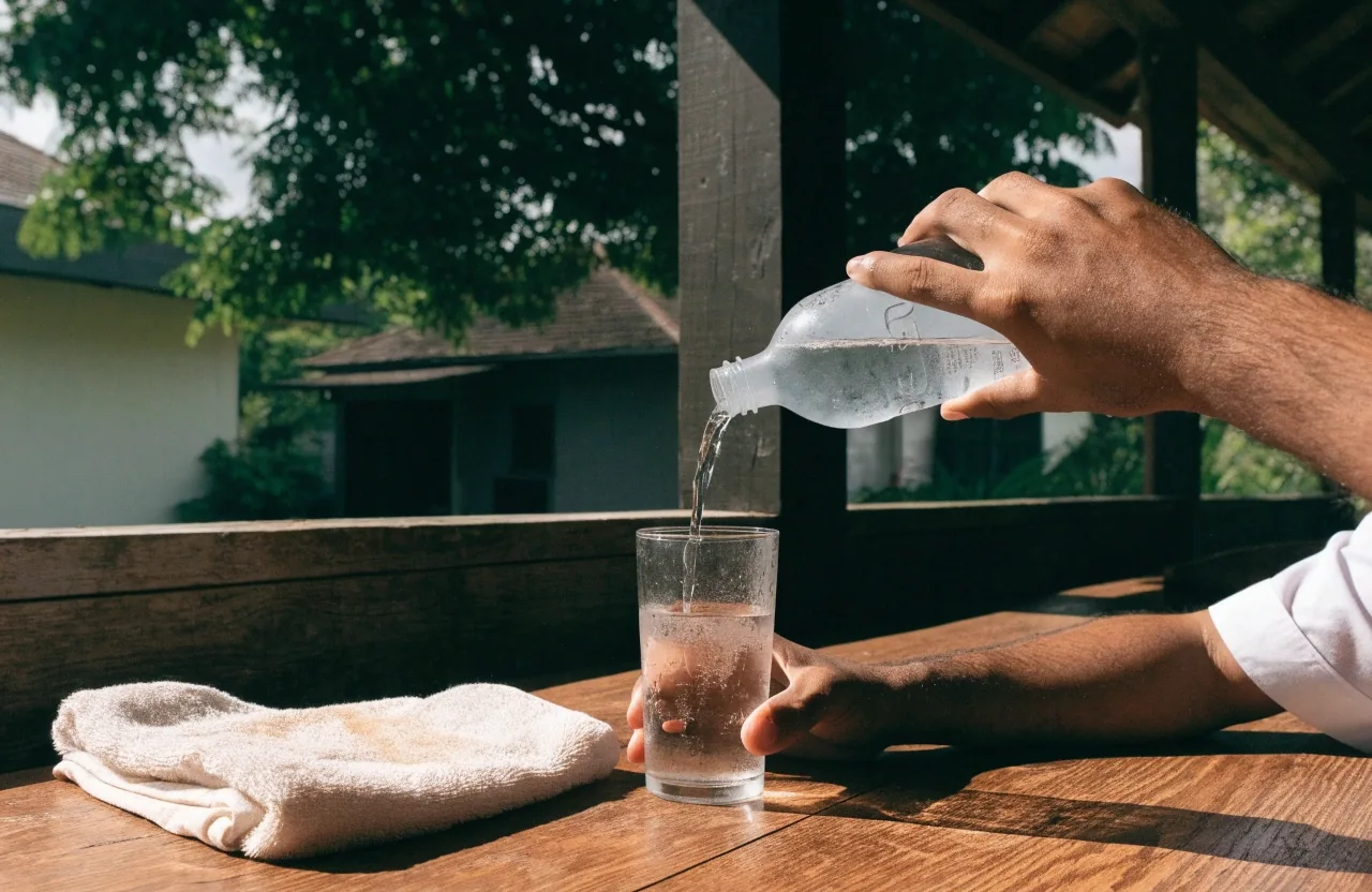 Water bottle and glass on a courtyard table at midday in Yogyakarta