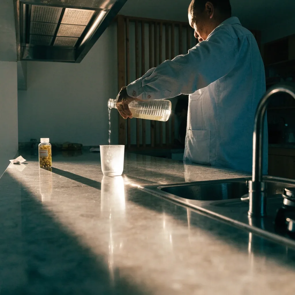 A man pouring water at a sunlit kitchen counter beside an unlabelled capsule bottle