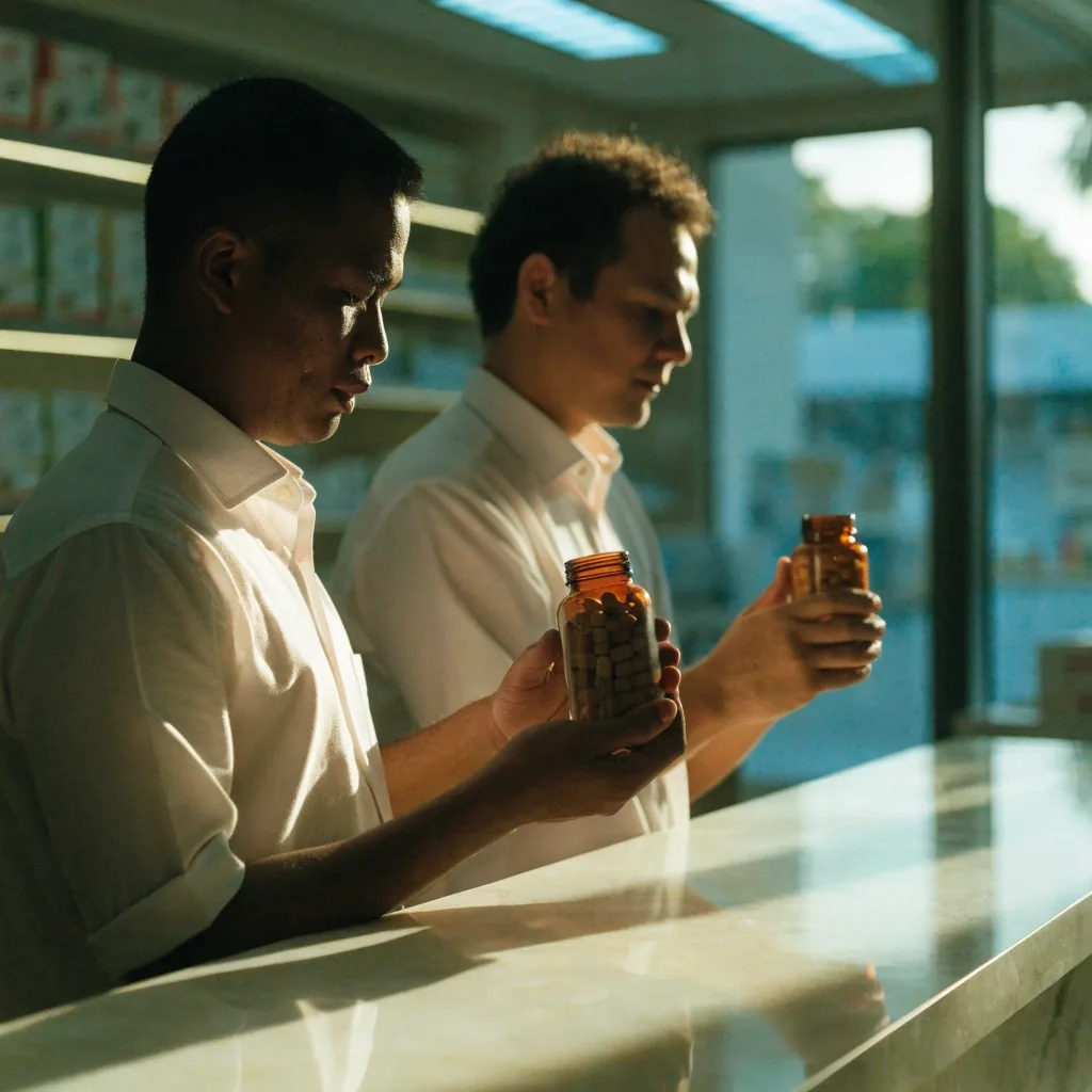 Two people comparing unlabelled supplement bottles at a pharmacy counter