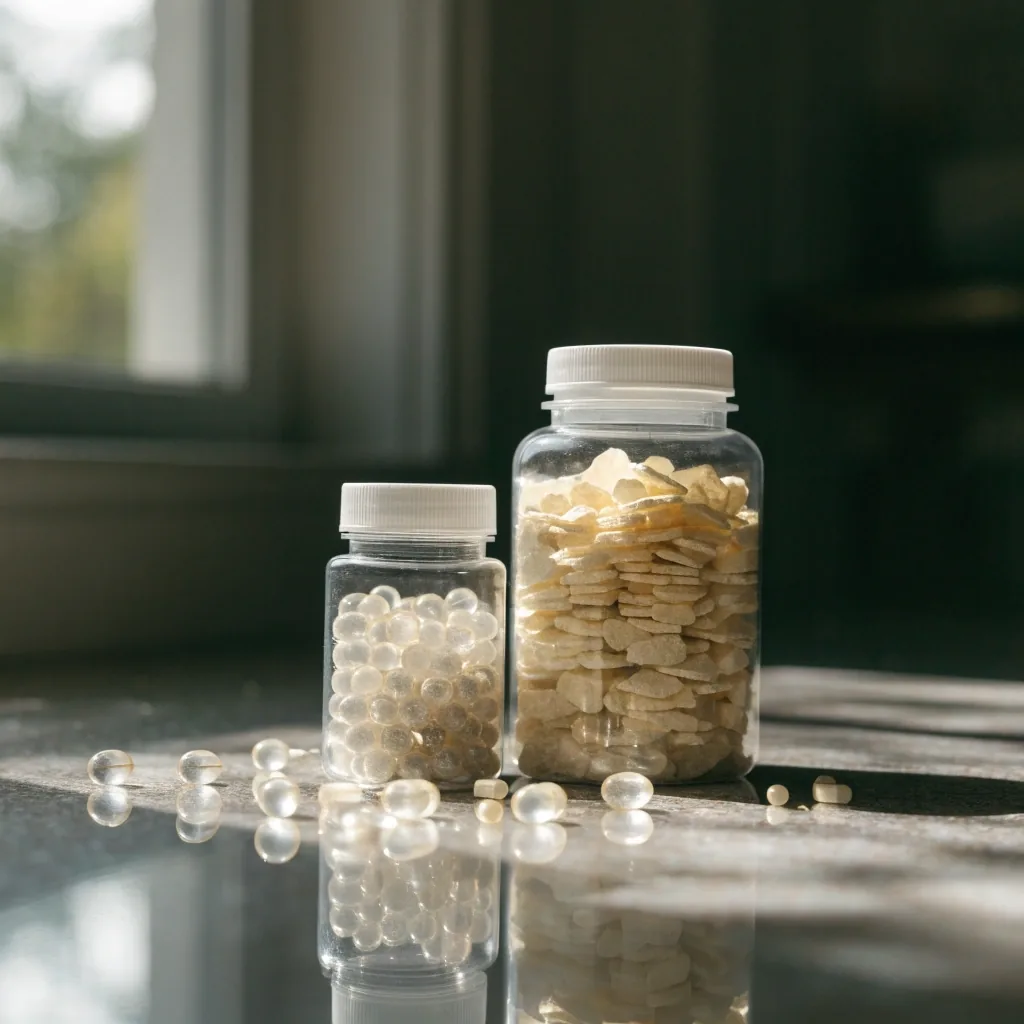 Slim single-serving bottle beside a wider multi-serving pack with loose capsules on a pale worktop