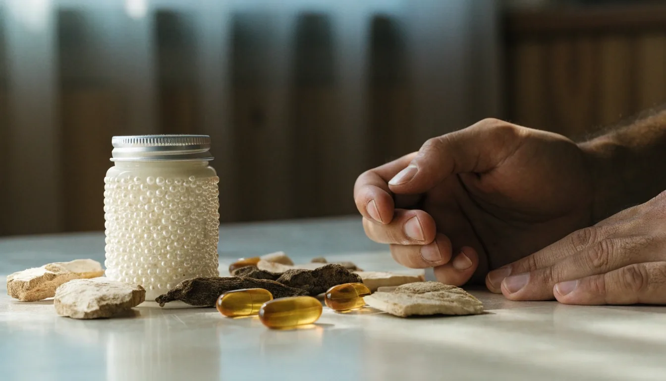 Unlabelled pearl-laminate supplement jar with dried maca root slices staged on a pale laminate surface