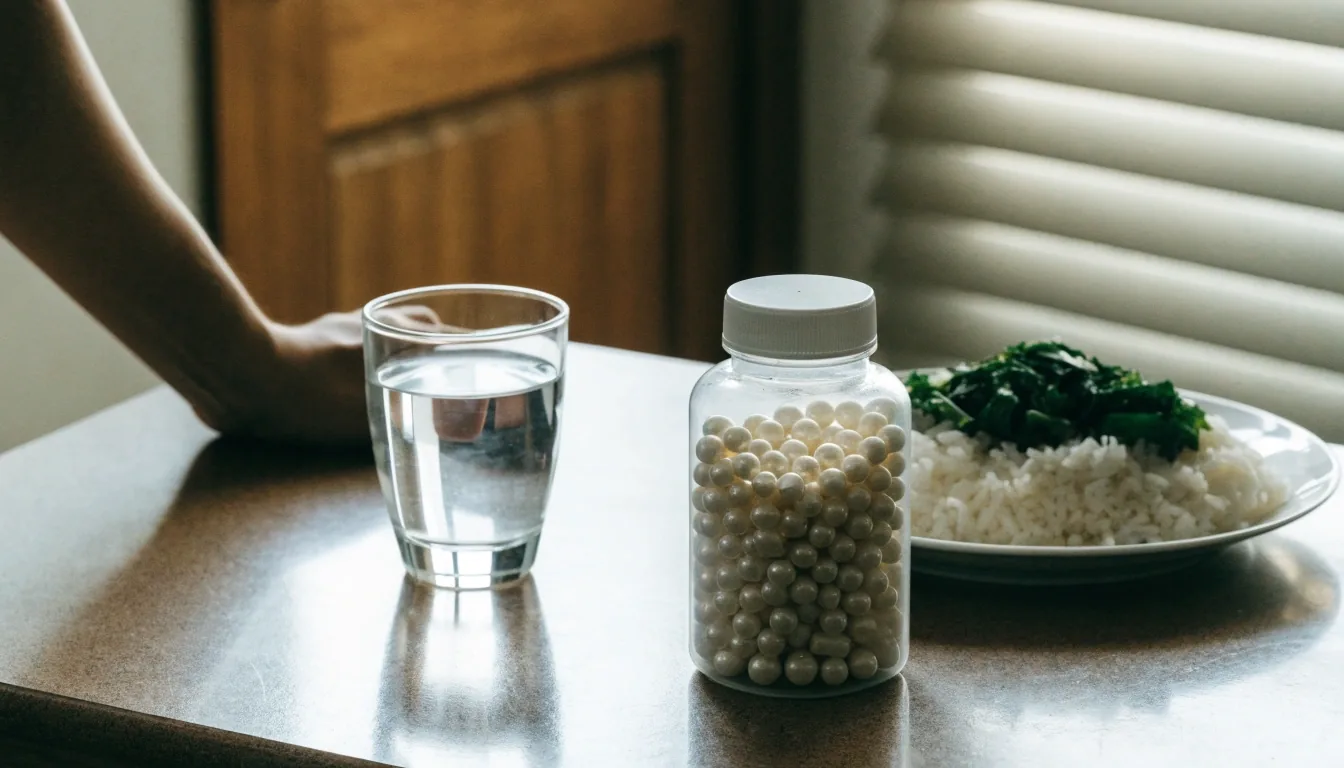 Unlabelled supplement container beside a glass of water and a simple breakfast on a laminate counter