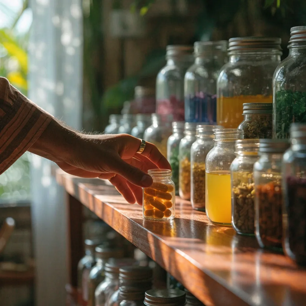 Rows of unlabelled supplement bottles and jars on a household shelf in afternoon light