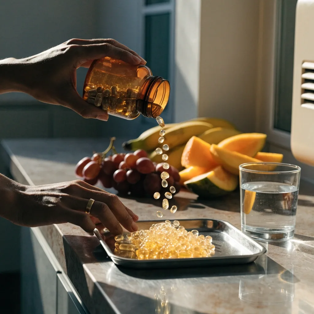 Unbranded supplement bottles and loose capsules arranged on a metal tray