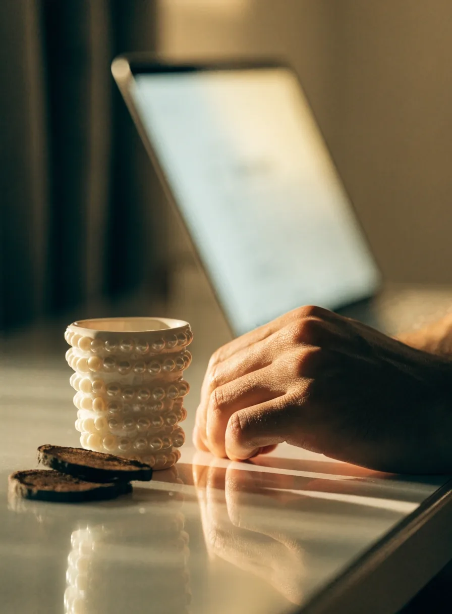 Angled blurred laptop screen beside a cup and a small pile of botanical root slices on a pearl desk